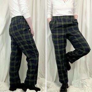 Vintage Men's Linen-Blend Pleated Plaid Trousers Pants w/ Cuffed Hem